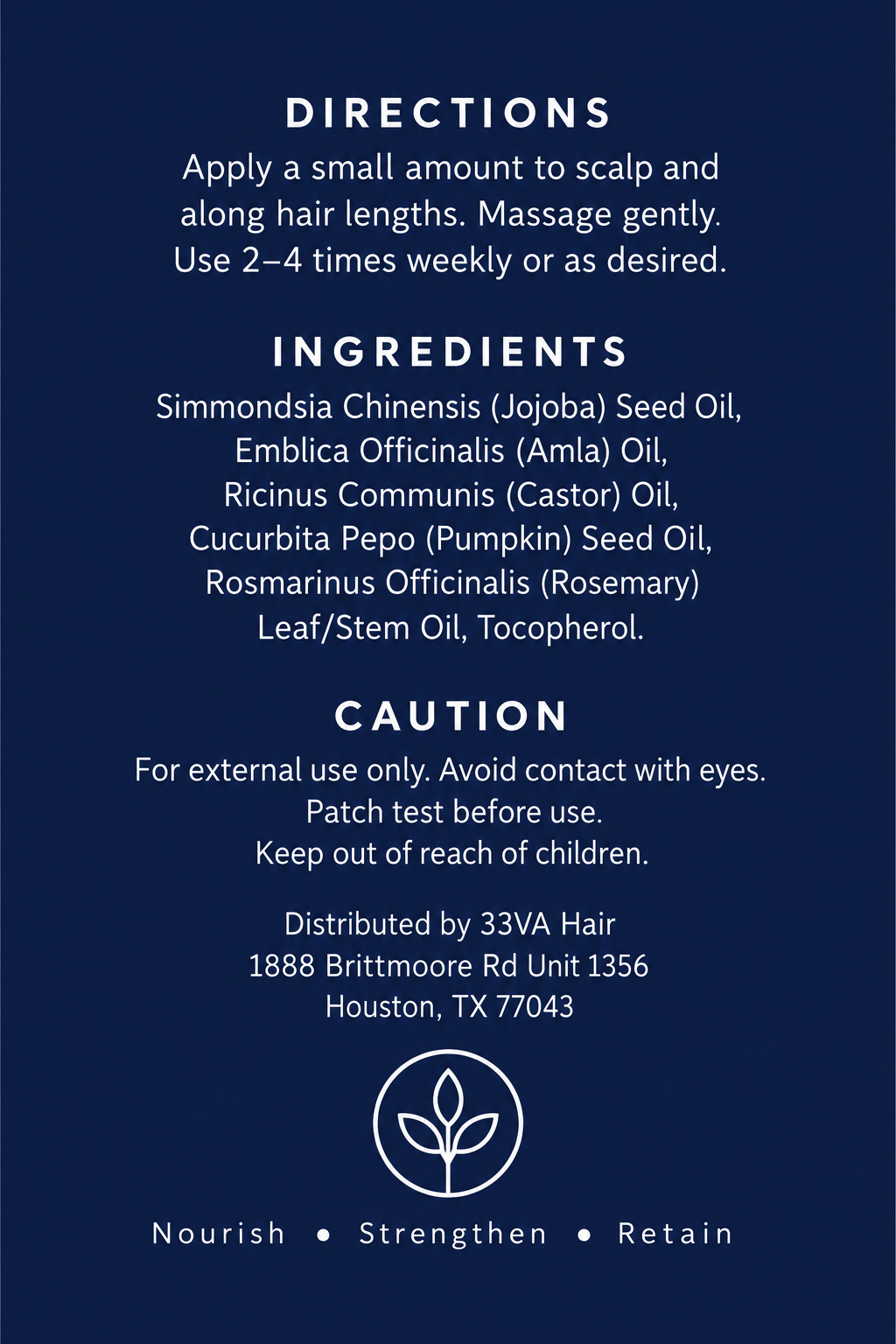 33VA Scalp + Length Oil back label wth directions and ingredients